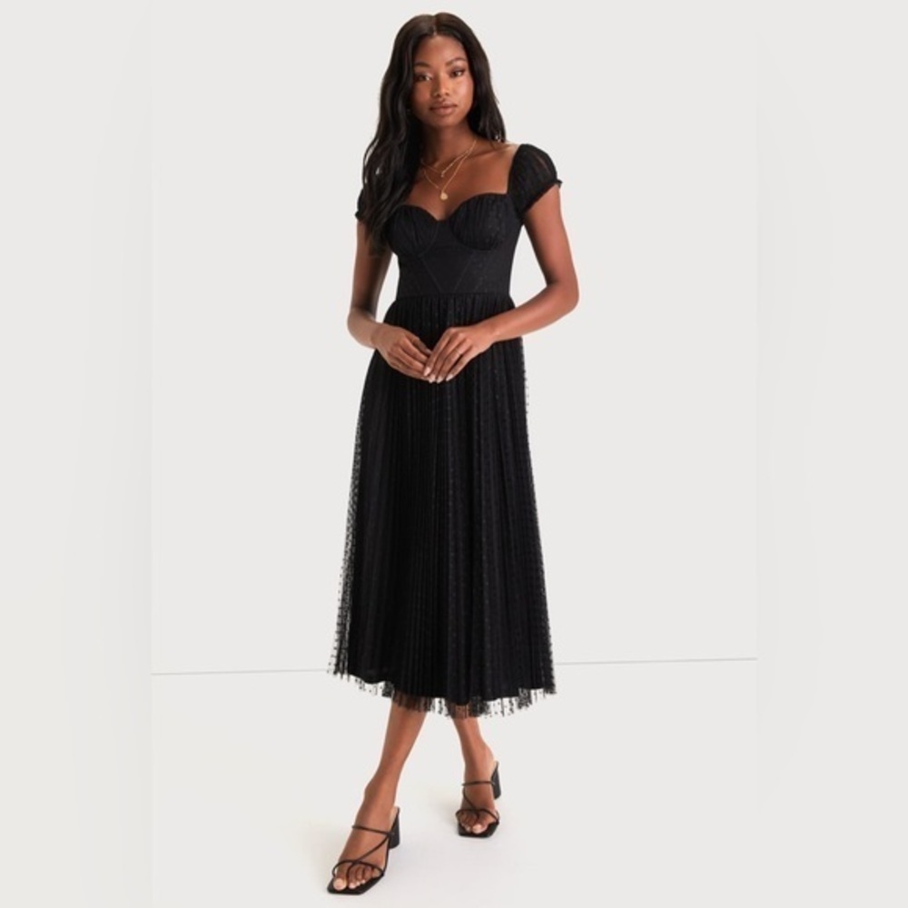 LULU’S CUTE PURPOSE MESH SWISS DOT PUFF SLEEVE BUSTIER MIDI DRESS